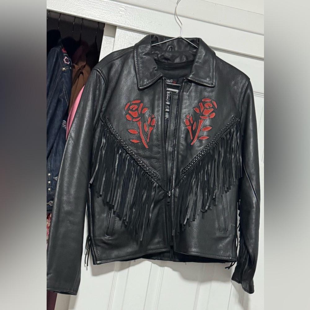 Black Leather Fringe Jacket with Red Rose Design